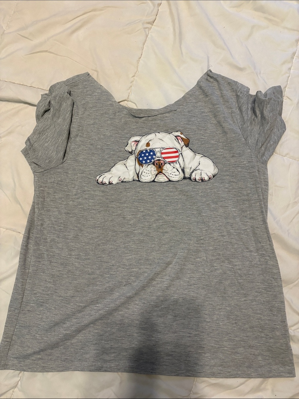 Gray Tee with Bulldog Wearing American Flag Sunglasses
